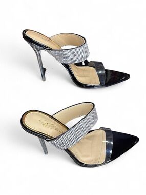 Rhinestone Band Black Clear Stiletto Mules